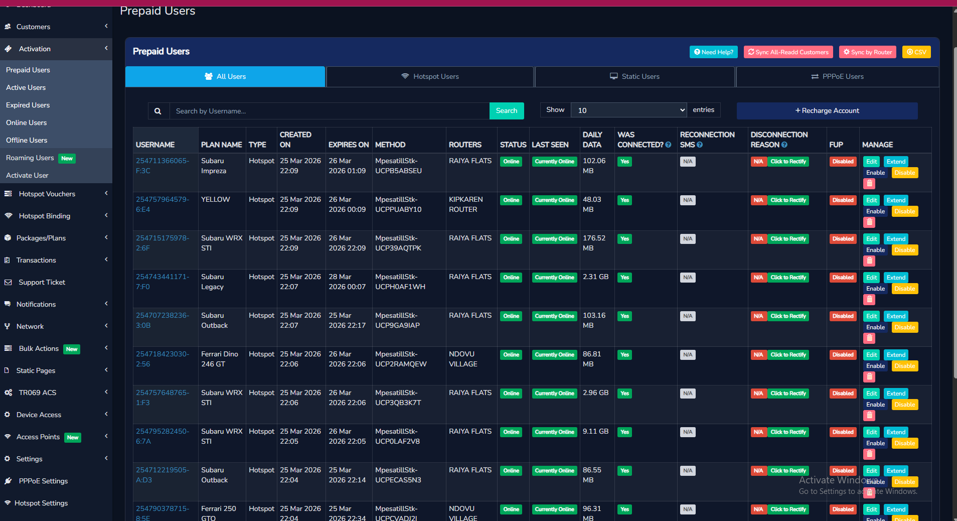 Hotspot Tanzania prepaid users management showing customer status and billing